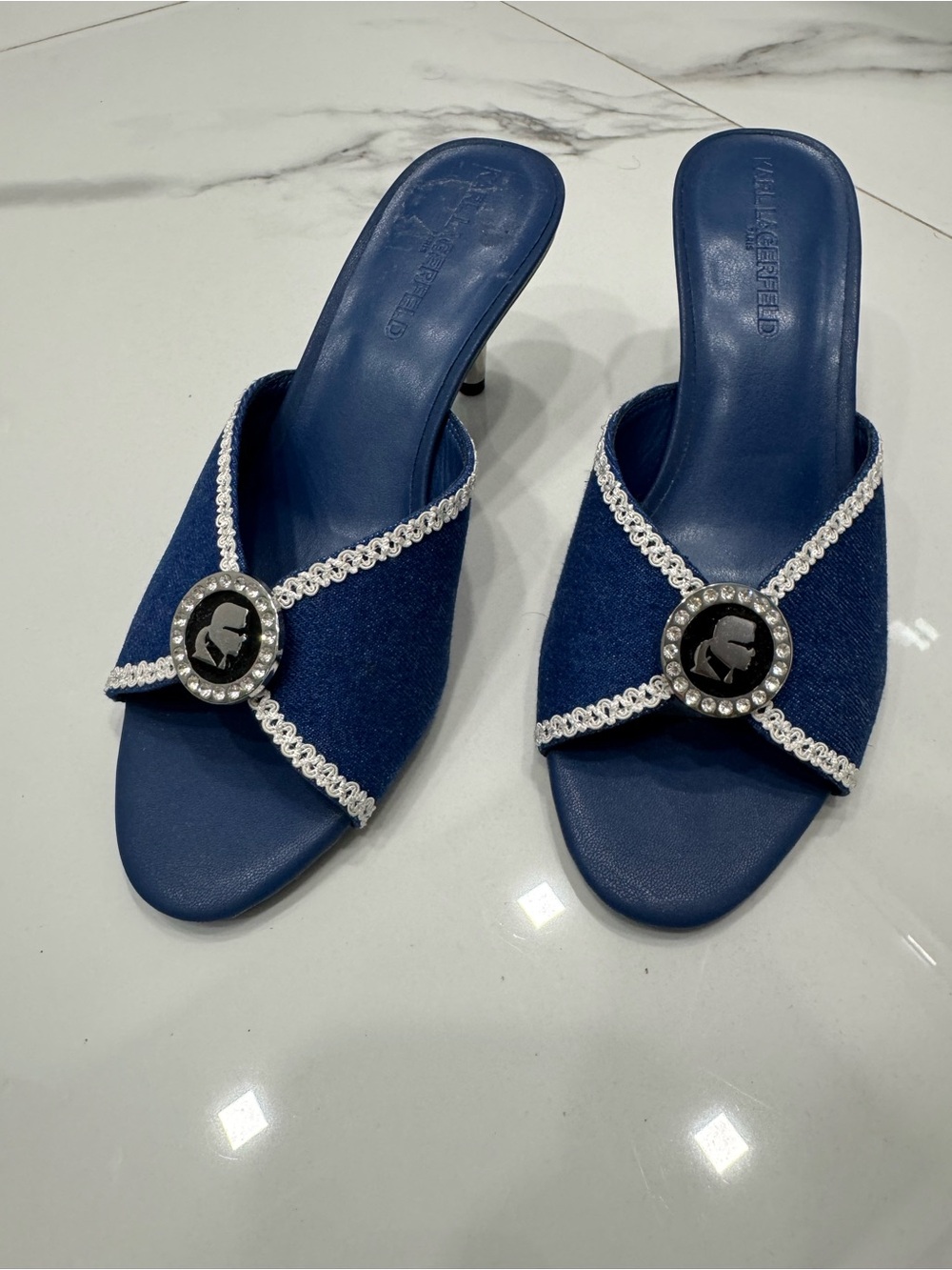Karl Lagerfeld Navy Blue Embellished Slide Mules